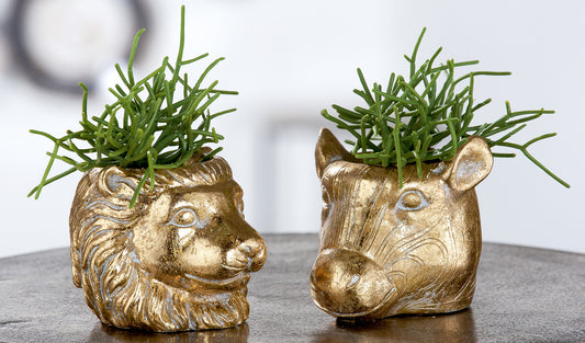 Safari zebra bloempot van cement met antiek gouden afwerking – luxe dieren woondecoratie

