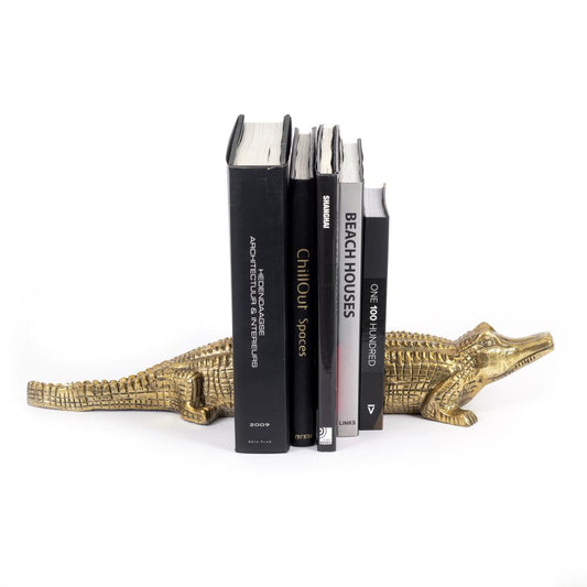 Gouden boekensteun krokodil – messing woondecoratie Bazar Bizar (40 cm)