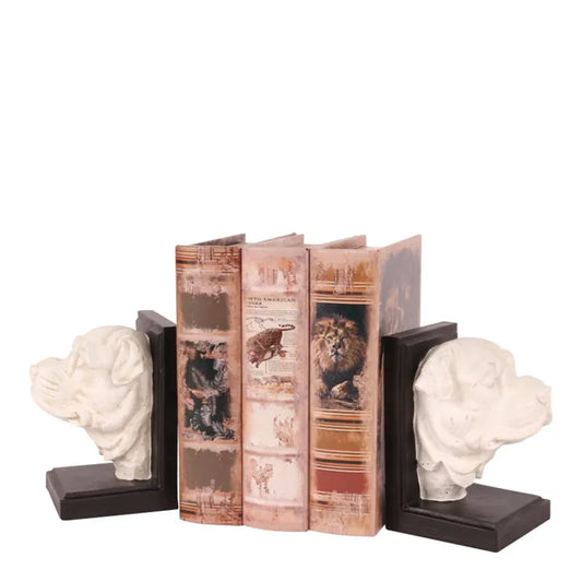 Set van twee boekensteunen met hondenkoppen in crème en donkerbruin – Dutch Style