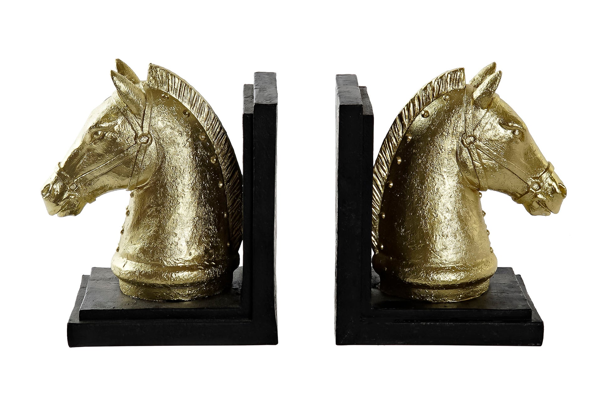 Gouden paardenhoofden op zwarte voet – luxe boekensteunen set van 2