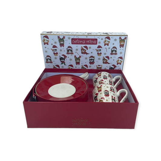 Espressoset Easy Life – 2 kerst-espresso kopjes met kattenprint, schoteltjes en lepeltjes

