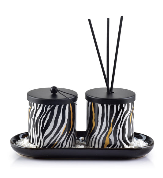 Cadeauset zebraprint met geurkaars, geurstokjes en olie – sandalwood