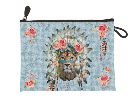 Canvas clutch of etui met leeuwenprint en bladeren – 23x17 cm