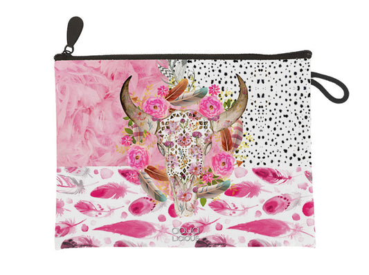 Clutch met stier en roze bloemenprint – Stier Victorine make-up tas canvas 23x17 cm