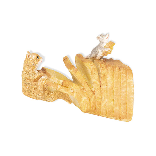 Grappig decoratief beeldje van een kat en muis op brood – polyresin woondecoratie 13 cm