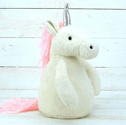 Pluche deurstopper in eenhoornvorm met roze manen en zilveren hoorn – kinderkamer
