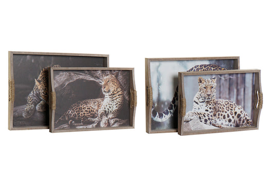 Set van twee houten dienbladen met luipaardprint – decoratief en functioneel