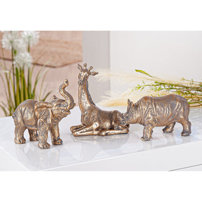Set bronzen dierenbeelden olifant giraffe neushoorn – kunsthars