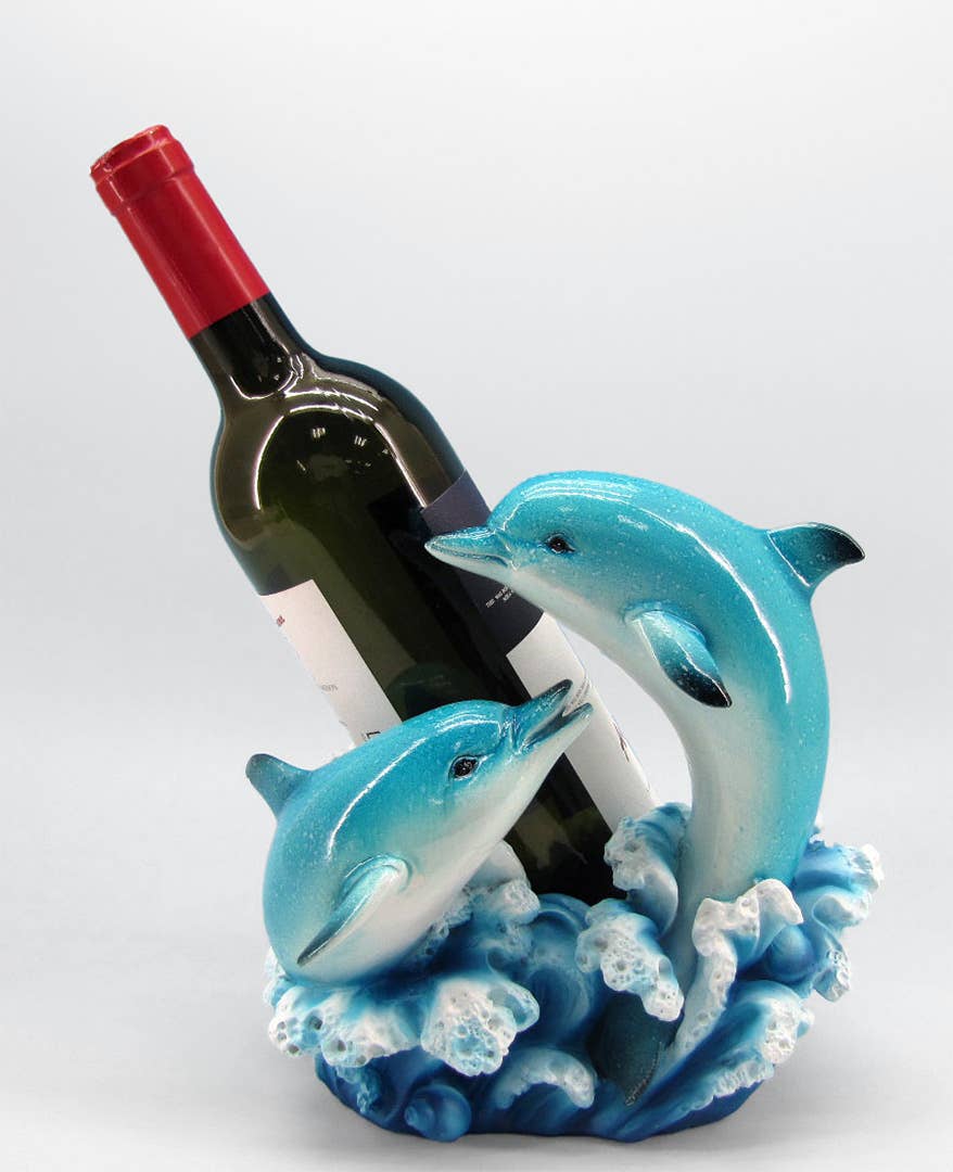 Dolfijn wijnhouder – blauwe polyresin decoratie voor standaard wijnfles