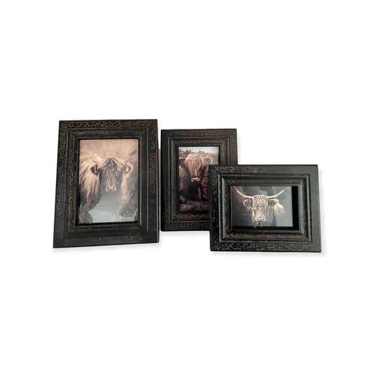 Fotolijst craquelé met Schotse Hooglander – vintage ontwerp in zwart – beschikbaar in drie formaten