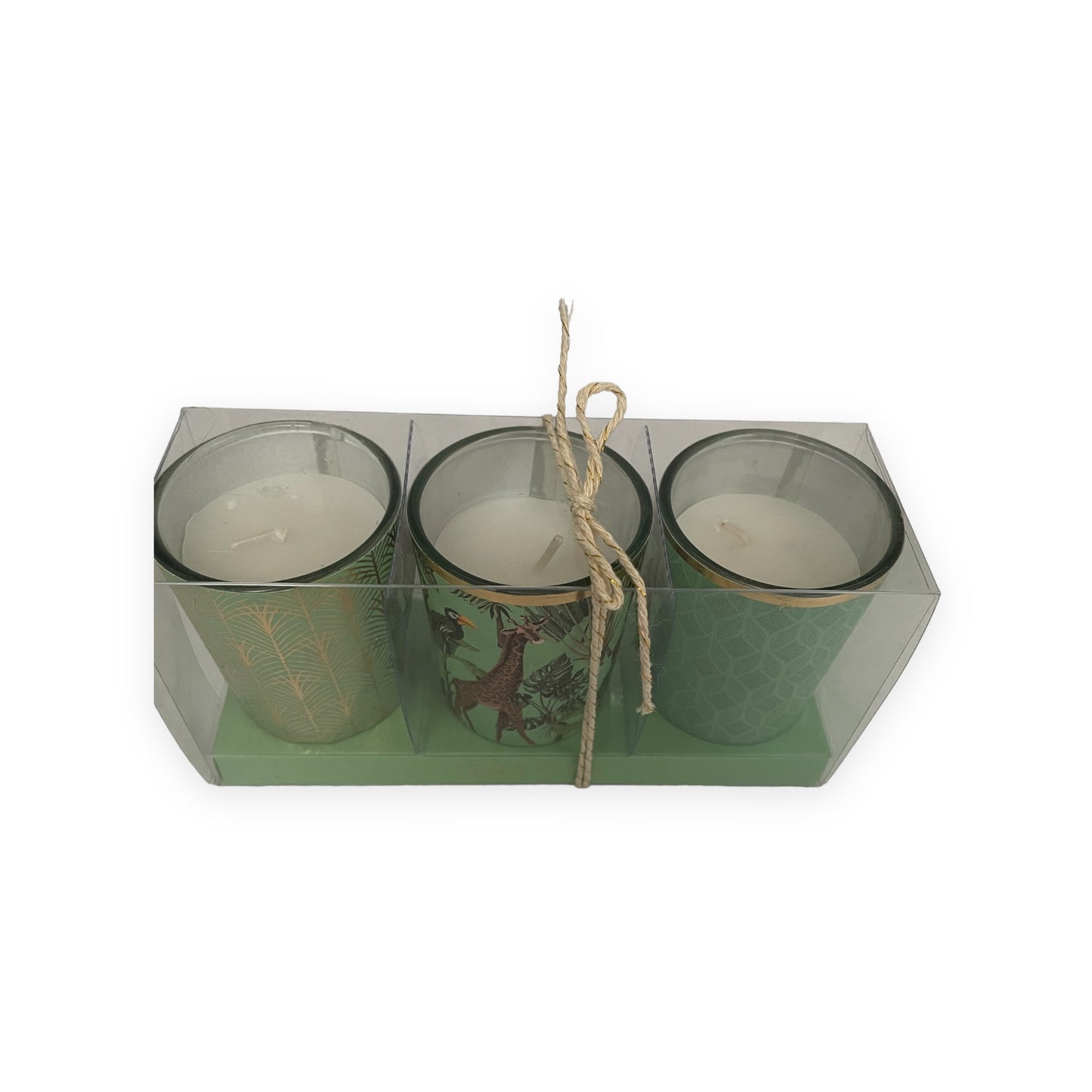 Set van 3 Kaarsglaasjes – Groen met Giraffe & Goud (Ø 5 × 6,5 cm)