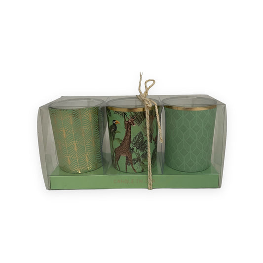 Set van drie groene kaarsglaasjes met goudkleurige accenten, middelste met giraffe en vogel print – Ø 5×6,5 cm