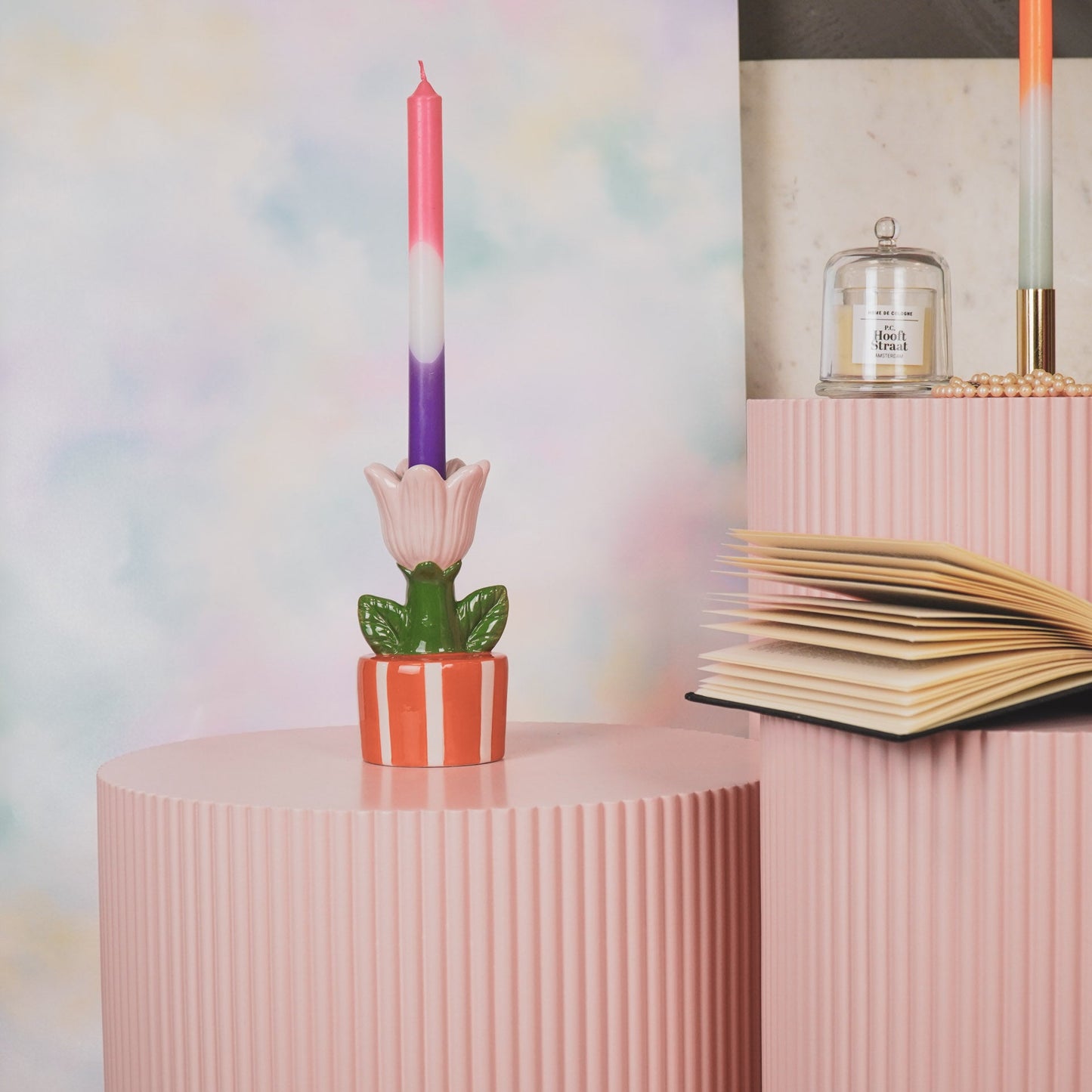 Tulip Candle Holder in Striped Pot – Ceramic | in 3 colors