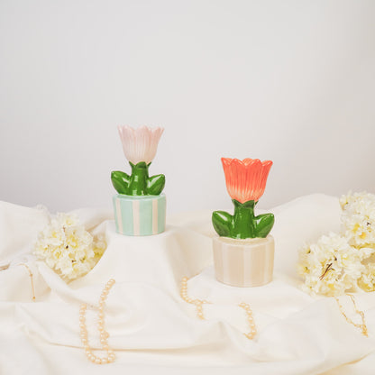 Keramieken kaarsenhouder tulp in gestreept potje – Housevitamin