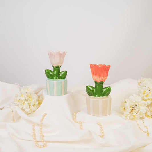 Keramieken kaarsenhouder tulp in gestreept potje – Housevitamin