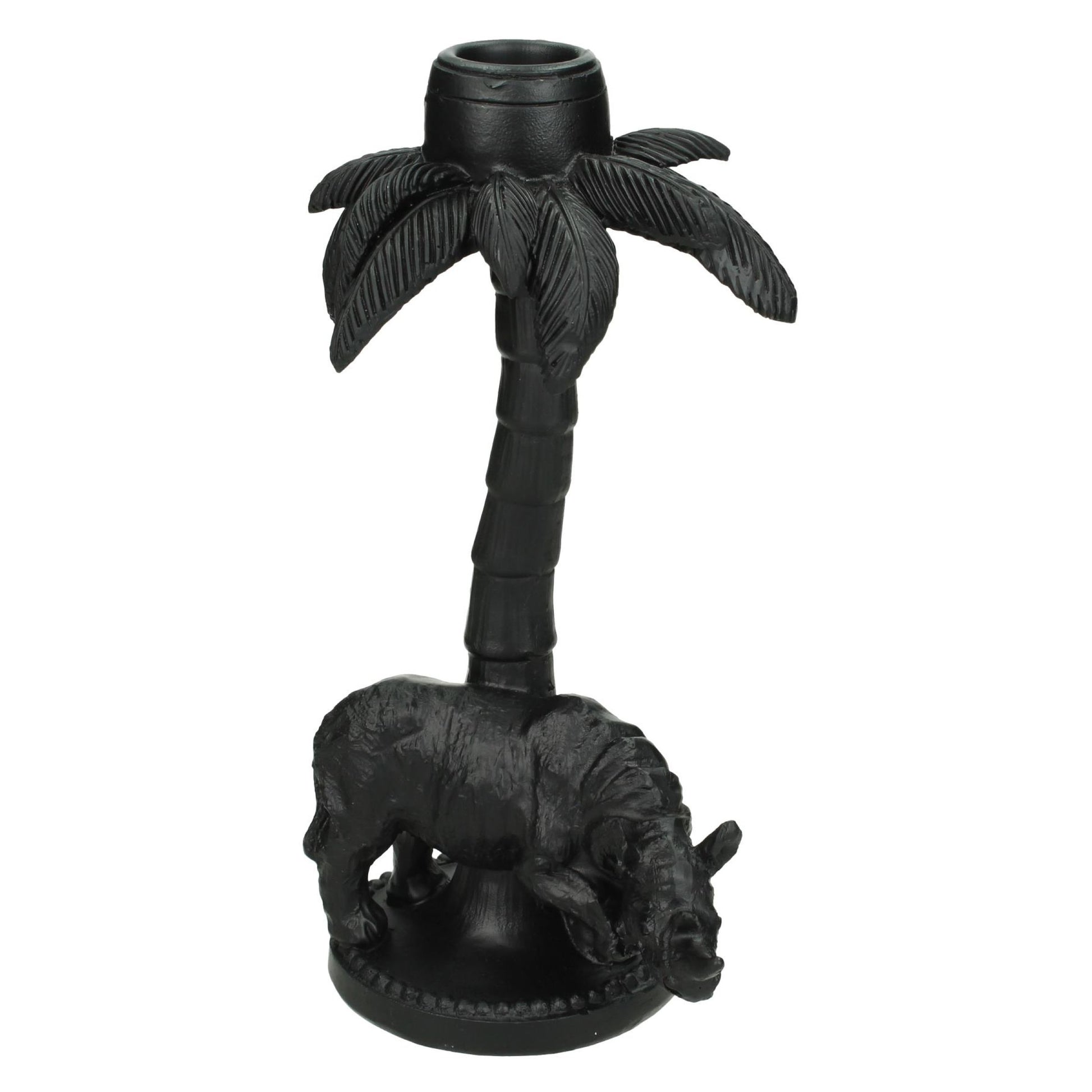 Zwarte neushoorn kandelaar met palmboom – luxe dieren decoratie
