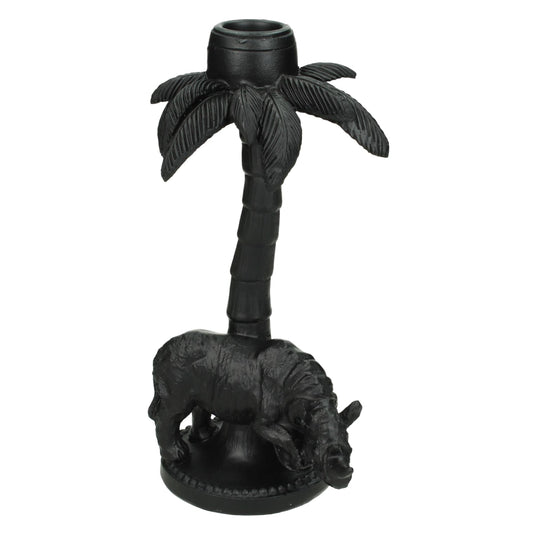 Zwarte neushoorn kandelaar met palmboom – luxe dieren decoratie