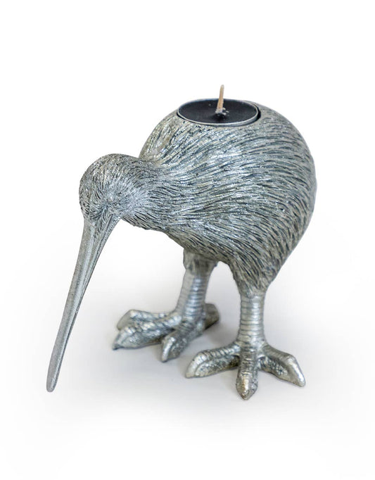 Zilverkleurige kiwi vogel kandelaar met theelichthouder – speelse woondecoratie