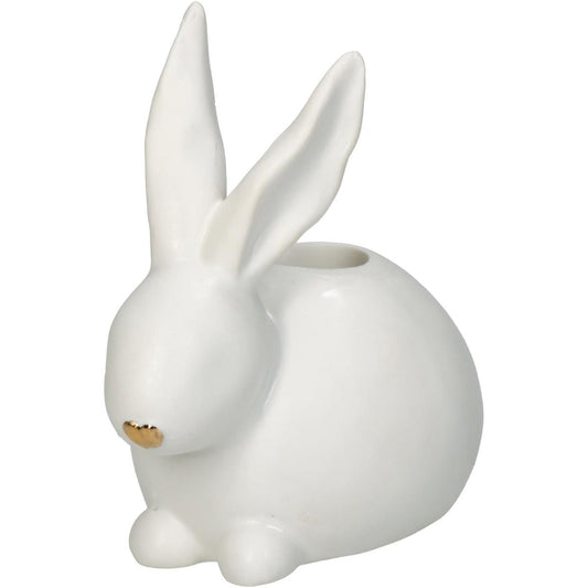 Witte porseleinen konijnen kandelaar met goudkleurig neusje – Kersten, 10×6,5×9,5 cm