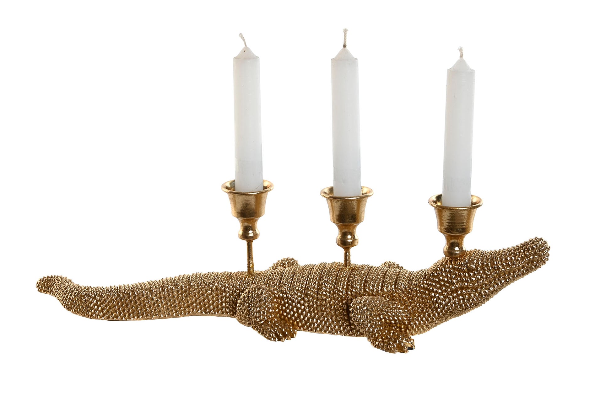 Gouden krokodil kandelaar met drie kaarshouders op de rug

