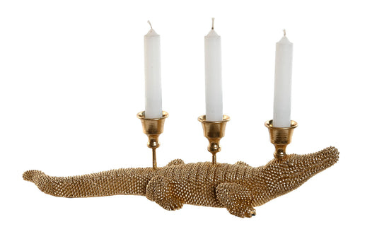Gouden krokodil kandelaar met drie kaarshouders op de rug

