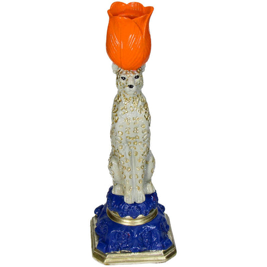 Kandelaar met luipaard en oranje tulp op blauwe voet – 26 cm
