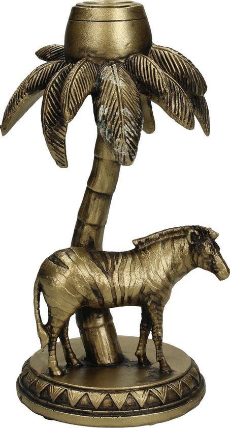 Goudkleurige kandelaar met zebra onder palmboom – Wants & Needs luxe woondecoratie