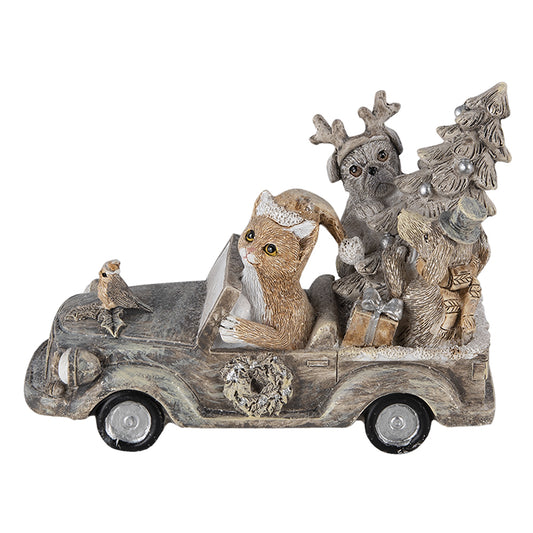 Kerstdecoratie Clayre & Eef – auto met hond, kat, kerstboom en cadeautjes van beige polyresin (16x8x11 cm)