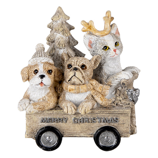 Kerstdecoratie van Clayre & Eef – hond, kat en kerstboom in beige houten kar met Merry Christmas-opdruk (9x7x11 cm)