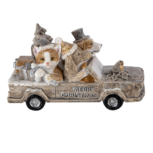 Clayre & Eef kerstdecoratie – hond en kat in kar met cadeaus en kerstboom, polyresin beeldje in beige stijl (15x7x9 cm)
