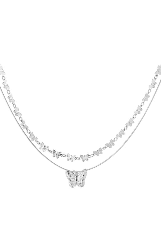 Zilverkleurige stainless steel dubbele ketting met vlinders – 40+5 cm