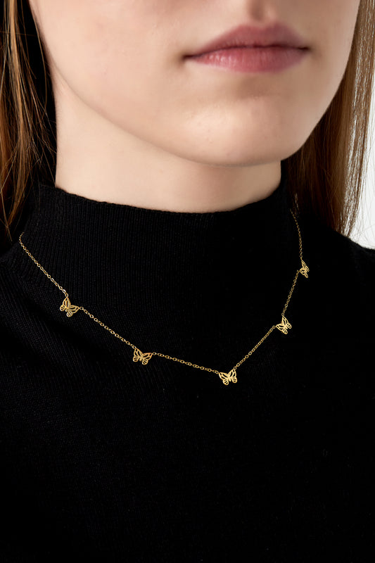 Goudkleurige stainless steel ketting met 5 vlinders – 37+5 cm