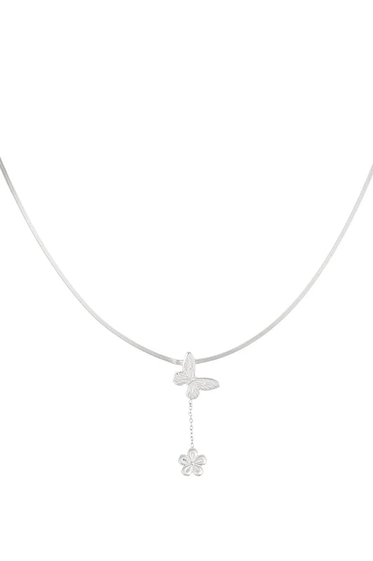 Zilveren stainless steel ketting met vlinder en bloem – 39+5 cm