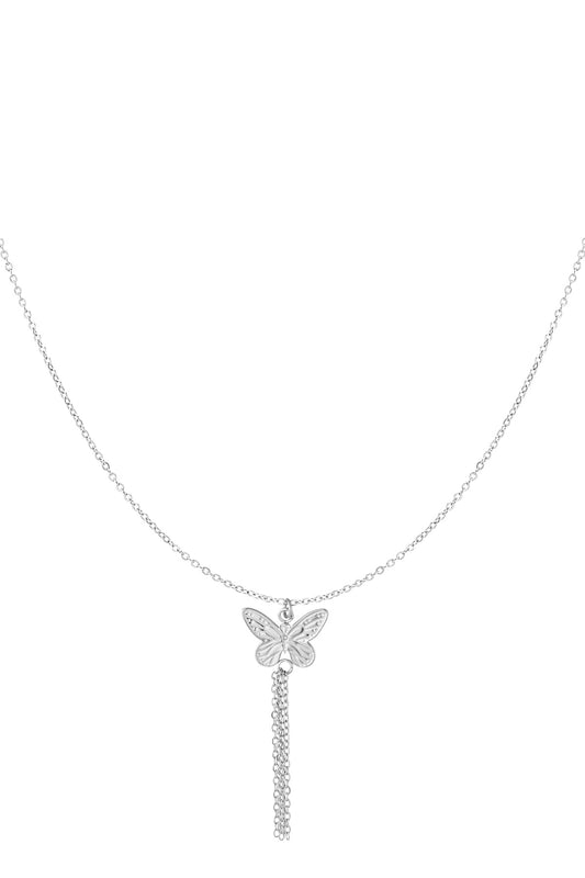 Zilverkleurige stainless steel vlinderketting met verticale kettinkjes – 39+5 cm


