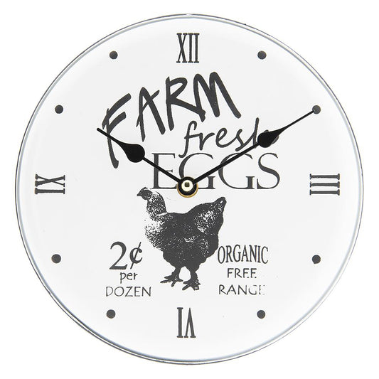 Wandklok kip Farm Fresh Eggs – 23 cm – metaal – landelijke stijl – Clayre & Eef – Krokomingo