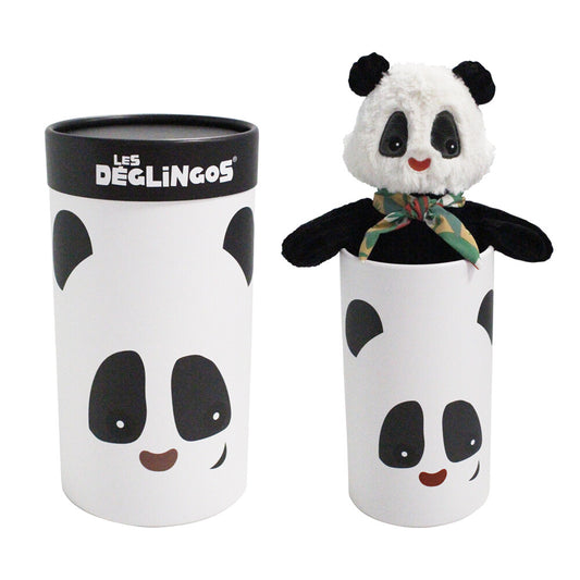 Zwarte-witte panda knuffel in geschenkdoos van Les Deglingos

