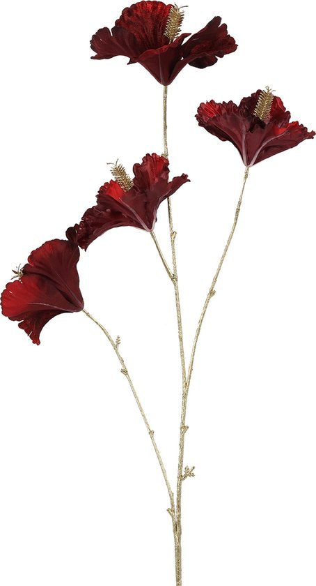 Zijden hibiscus rood/goud – kunstbloem 82 cm chique en krachtig