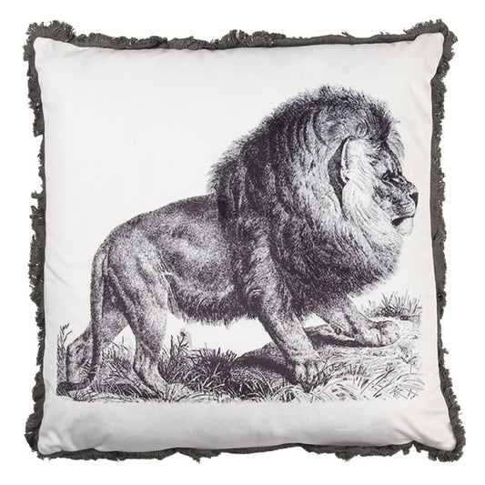 Leeuwenkussen zwart wit grijs 45x45 cm Clayre & Eef – sierkussen met dierenprint