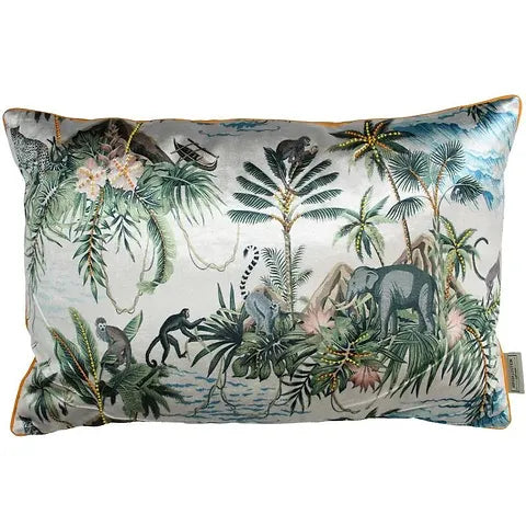 Velvet kussen jungleprint 40x60 cm Wants&Needs – kleurrijk sierkussen met oranje achterkant