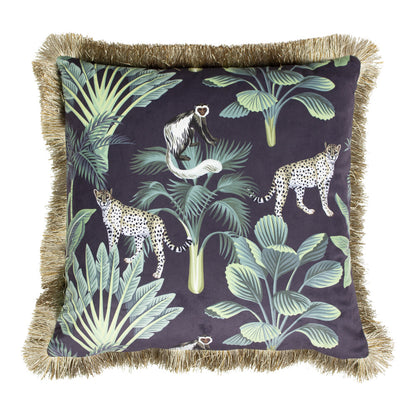 Fluwelen jungle panter kussen met gouden franjes – 45x45 cm