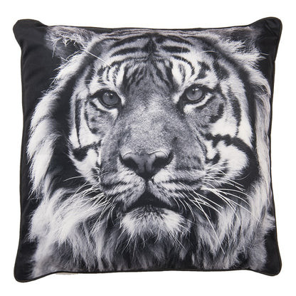 Velvet sierkussen met tijgerkop in zwart, wit en grijs – 45x45 cm