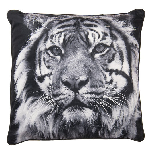 Velvet sierkussen met tijgerkop in zwart, wit en grijs – 45x45 cm