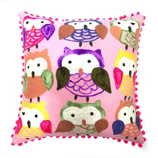 Handgeborduurd kussen met uilen – roze – 40x40 cm – Only Natural