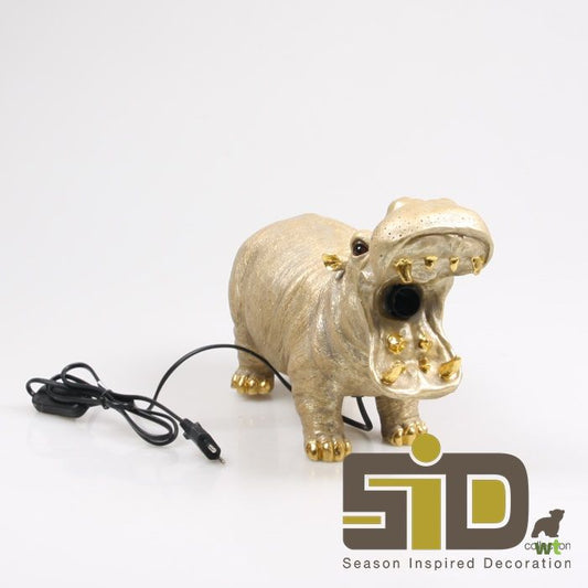 Goudkleurige nijlpaardlamp met open bek – decoratieve tafellamp van SID Collection