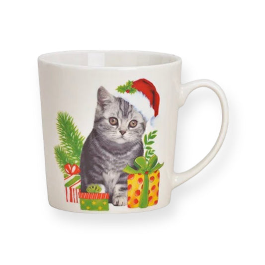 Kerstmok met kat en kerstmuts – porseleinen mok 480 ml, formaat 10,2x13,4x8,5 cm