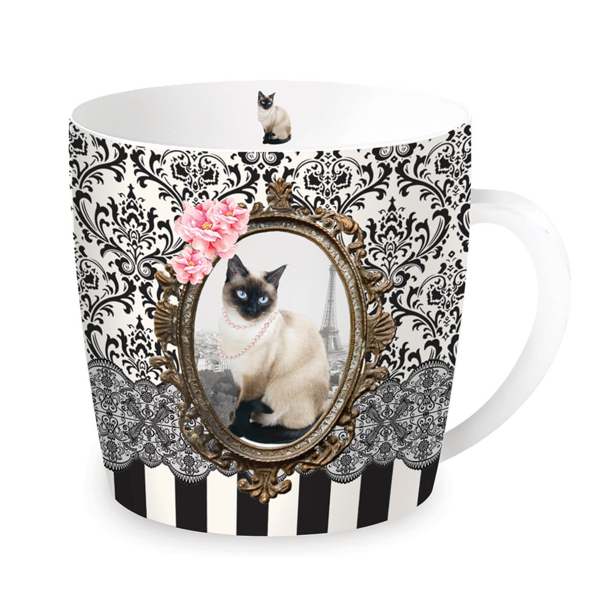 Porseleinen mok met katten en barokdecor in tinnen opbergblik van Easy Life