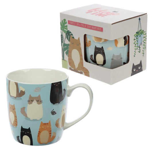 Porseleinen kattenmok Feline Vibes met blauwe achtergrond en kattenprint