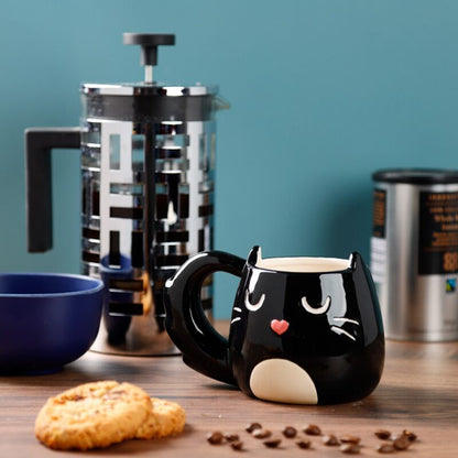 Kattenmok Black Heart – zwarte mok 400 ml met kattengezicht en hartneus