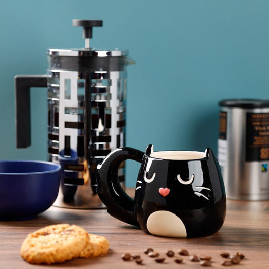 Kattenmok Black Heart – zwarte mok 400 ml met kattengezicht en hartneus