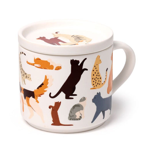 Porseleinen kattenmok met deksel en kattenillustraties – compact en vrolijk